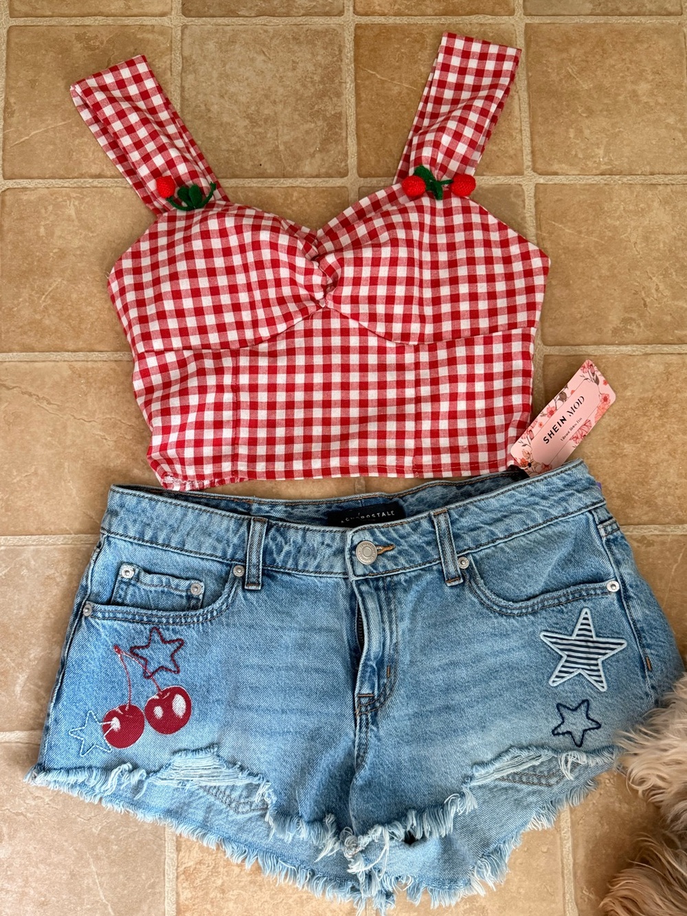 Y2K Cherry Gingham Crop Top & Aeropostale/Shein Denim Shorts Set 🍒